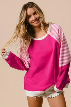 Clearance Dear-Lover Striped Patchwork Crew Neck Raglan Sleeve Top Strawberry Pink