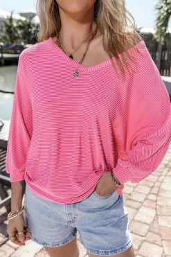 Outlet Dear-Lover Striped Print Bracelet Sleeve V Neck Top Strawberry Pink