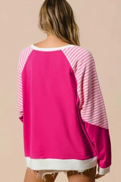Clearance Dear-Lover Striped Patchwork Crew Neck Raglan Sleeve Top Strawberry Pink