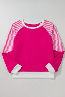 Clearance Dear-Lover Striped Patchwork Crew Neck Raglan Sleeve Top Strawberry Pink