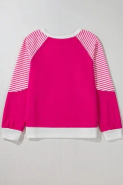 Clearance Dear-Lover Striped Patchwork Crew Neck Raglan Sleeve Top Strawberry Pink