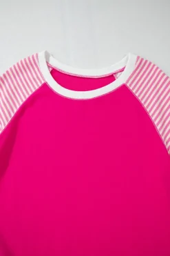 Clearance Dear-Lover Striped Patchwork Crew Neck Raglan Sleeve Top Strawberry Pink