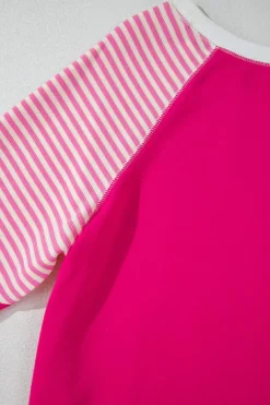 Clearance Dear-Lover Striped Patchwork Crew Neck Raglan Sleeve Top Strawberry Pink