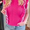 Best Dear-Lover Textured Knit Ruffled Mock Neck Sweater Tank Strawberry Pink