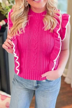 Best Dear-Lover Textured Knit Ruffled Mock Neck Sweater Tank Strawberry Pink