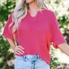 Clearance Dear-Lover Textured Knit Split Neck Cuffed Short Sleeve Top Strawberry Pink