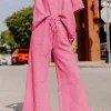 Fashion Dear-Lover Textured Loose Fit T Shirt and Drawstring Pants Set Strawberry Pink