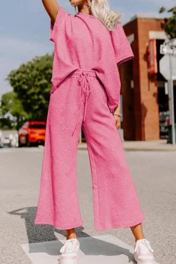 Fashion Dear-Lover Textured Loose Fit T Shirt and Drawstring Pants Set Strawberry Pink