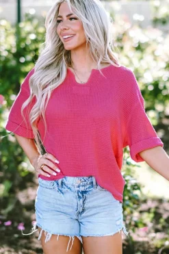 Clearance Dear-Lover Textured Knit Split Neck Cuffed Short Sleeve Top Strawberry Pink
