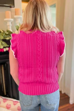 Best Dear-Lover Textured Knit Ruffled Mock Neck Sweater Tank Strawberry Pink