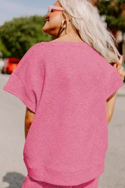 Fashion Dear-Lover Textured Loose Fit T Shirt and Drawstring Pants Set Strawberry Pink