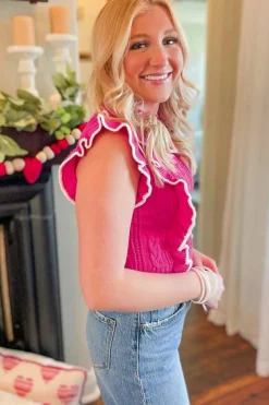 Best Dear-Lover Textured Knit Ruffled Mock Neck Sweater Tank Strawberry Pink