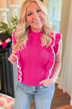 Best Dear-Lover Textured Knit Ruffled Mock Neck Sweater Tank Strawberry Pink