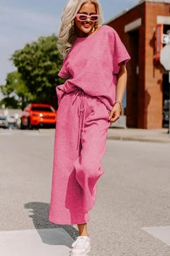 Fashion Dear-Lover Textured Loose Fit T Shirt and Drawstring Pants Set Strawberry Pink