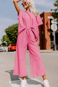 Fashion Dear-Lover Textured Loose Fit T Shirt and Drawstring Pants Set Strawberry Pink