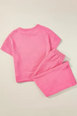 Fashion Dear-Lover Textured Loose Fit T Shirt and Drawstring Pants Set Strawberry Pink