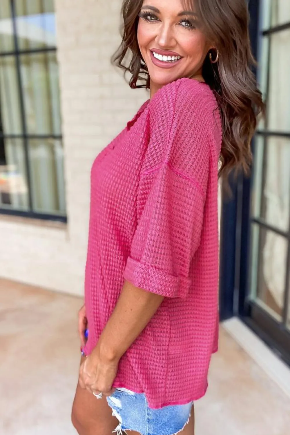 Clearance Dear-Lover Textured Knit Split Neck Cuffed Short Sleeve Top Strawberry Pink