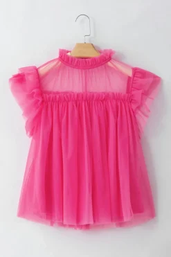 Hot Dear-Lover Tulle Ruffle Sleeve Flared Babydoll Blouse Strawberry Pink