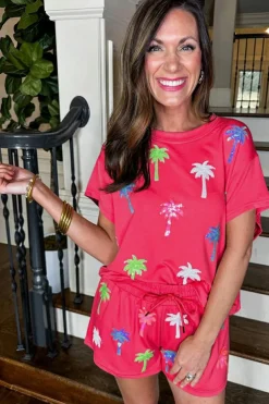 Fashion Dear-Lover Two Piece Sequin Palm Trees Summer Short Set Strawberry Pink
