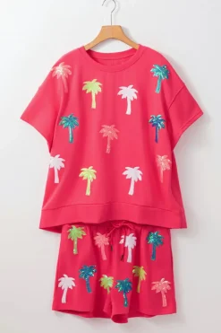 Fashion Dear-Lover Two Piece Sequin Palm Trees Summer Short Set Strawberry Pink