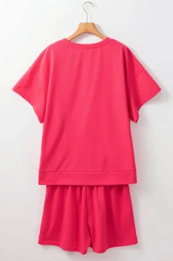 Fashion Dear-Lover Two Piece Sequin Palm Trees Summer Short Set Strawberry Pink