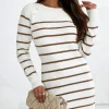 Clearance Dear-Lover Button Ribbed Detail Mini Sweater Dress Stripe