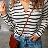 New Dear-Lover Collared V Neck Lightweight Knit Casual Sweater Stripe