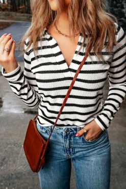 New Dear-Lover Collared V Neck Lightweight Knit Casual Sweater Stripe