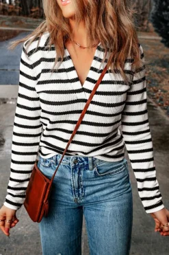New Dear-Lover Collared V Neck Lightweight Knit Casual Sweater Stripe