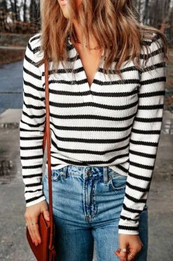 New Dear-Lover Collared V Neck Lightweight Knit Casual Sweater Stripe