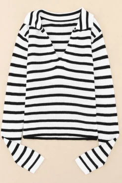 New Dear-Lover Collared V Neck Lightweight Knit Casual Sweater Stripe