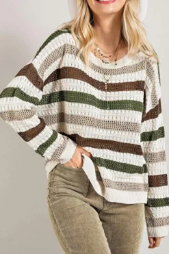 Clearance Dear-Lover Crochet Hollow out Knit Sweater Stripe