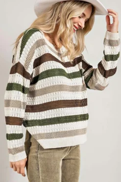 Clearance Dear-Lover Crochet Hollow out Knit Sweater Stripe