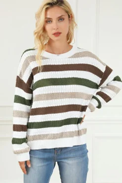 Clearance Dear-Lover Crochet Hollow out Knit Sweater Stripe
