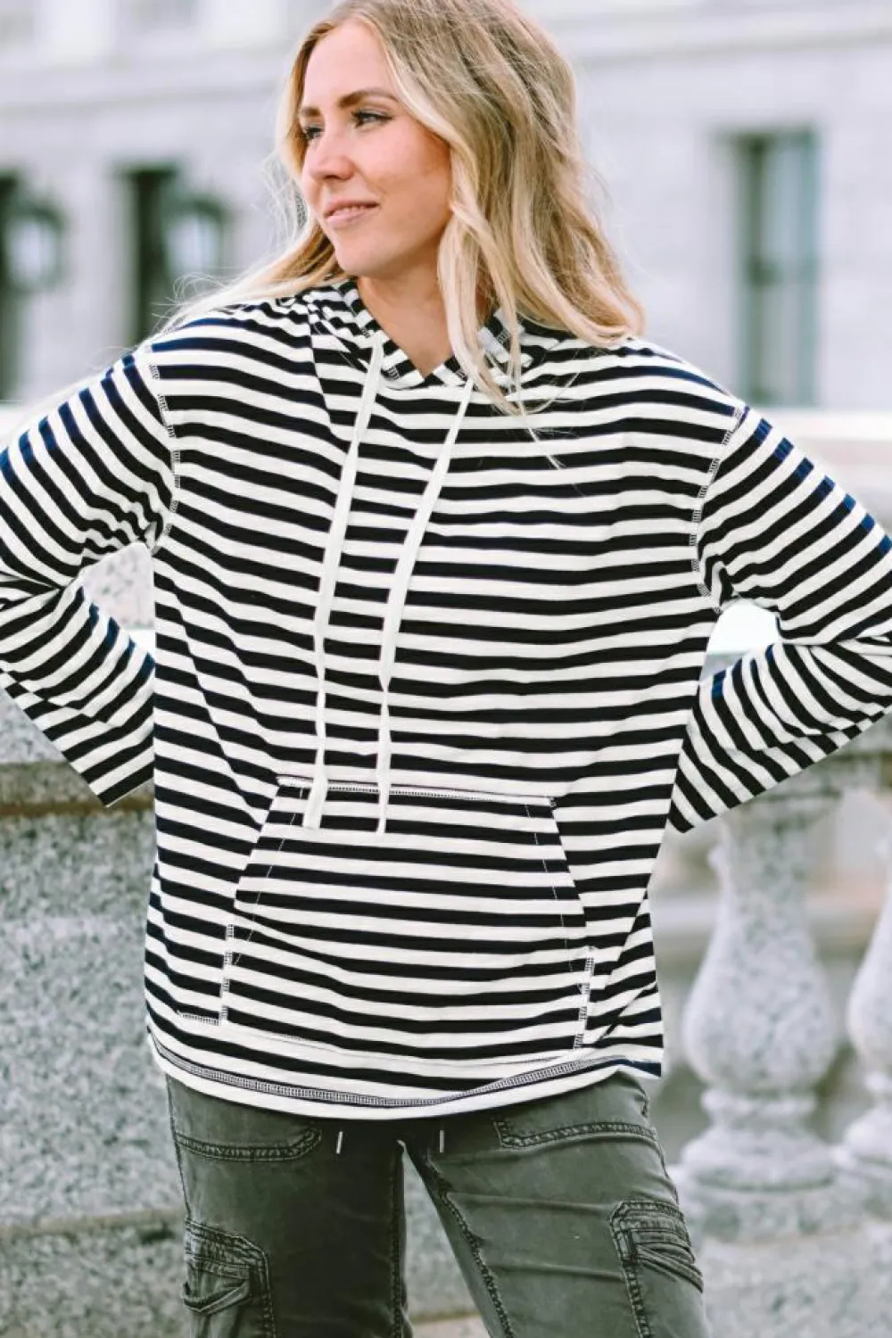 New Dear-Lover Kangaroo Pocket Drawstring Hoodie Stripe
