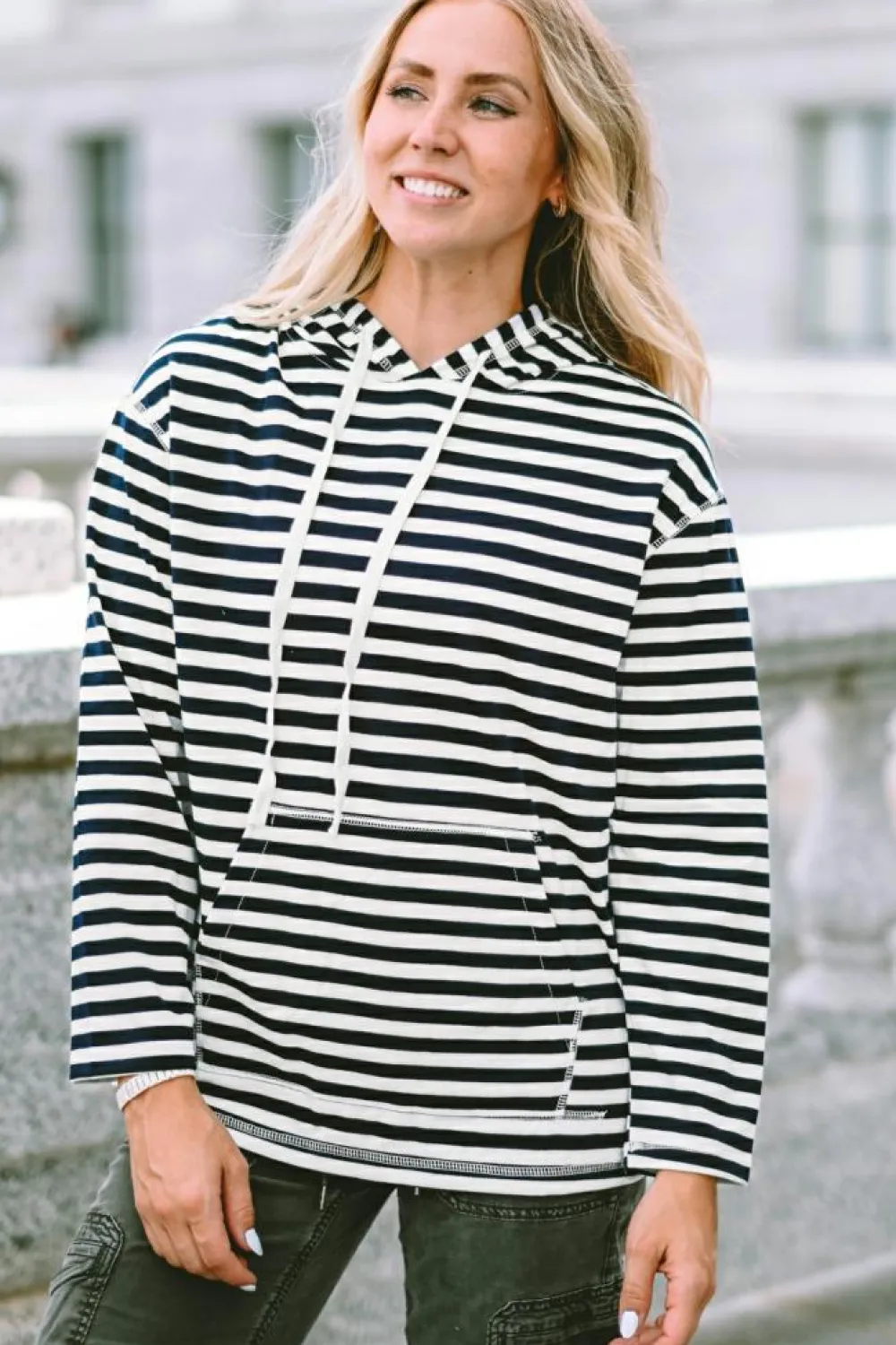 New Dear-Lover Kangaroo Pocket Drawstring Hoodie Stripe