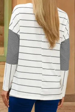 Discount Dear-Lover Patchwork High Low Side Slits Long Sleeve Top Stripe