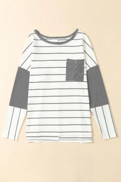 Discount Dear-Lover Patchwork High Low Side Slits Long Sleeve Top Stripe