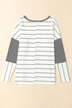 Discount Dear-Lover Patchwork High Low Side Slits Long Sleeve Top Stripe