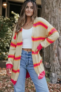 Outlet Dear-Lover Printed Ribbed Long Knitted Cardigan Stripe