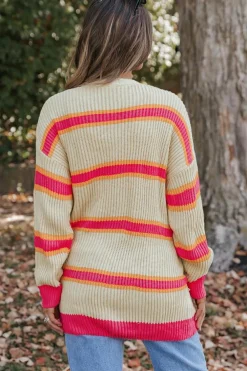 Outlet Dear-Lover Printed Ribbed Long Knitted Cardigan Stripe
