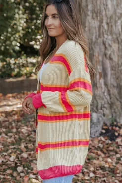 Outlet Dear-Lover Printed Ribbed Long Knitted Cardigan Stripe