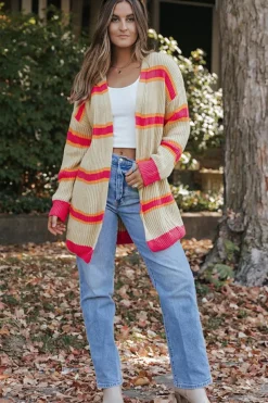 Outlet Dear-Lover Printed Ribbed Long Knitted Cardigan Stripe