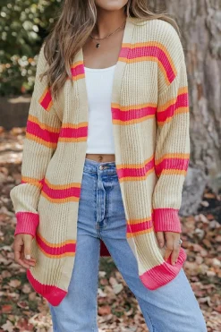 Outlet Dear-Lover Printed Ribbed Long Knitted Cardigan Stripe