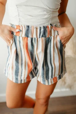 Best Dear-Lover Vintage Washed Elastic Frill Waist Casual Shorts Stripe