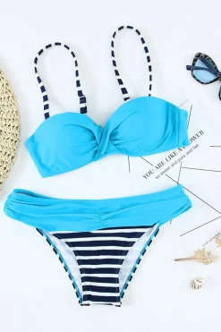 Sale Dear-Lover Striped Padded Gather Push-up Bikini Set Blue