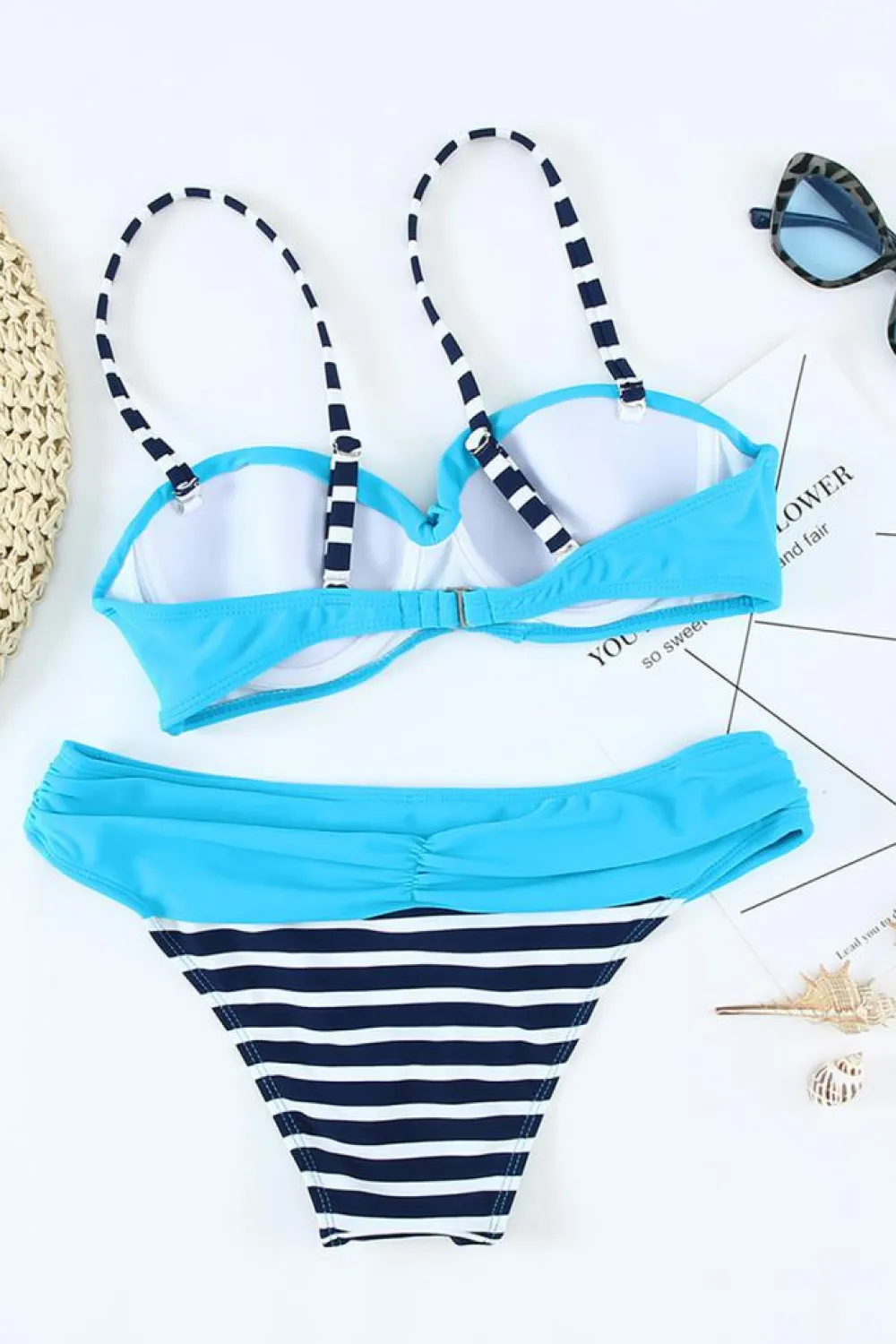 Sale Dear-Lover Striped Padded Gather Push-up Bikini Set Blue