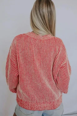 Discount Dear-Lover Striped Print Ribbed Trim Round Neck Sweater Fiery Red