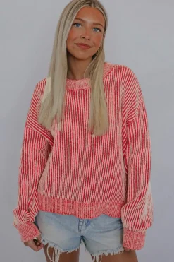 Discount Dear-Lover Striped Print Ribbed Trim Round Neck Sweater Fiery Red