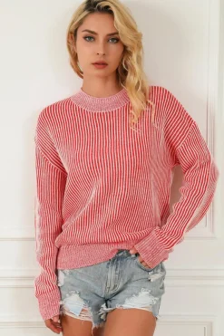 Discount Dear-Lover Striped Print Ribbed Trim Round Neck Sweater Fiery Red